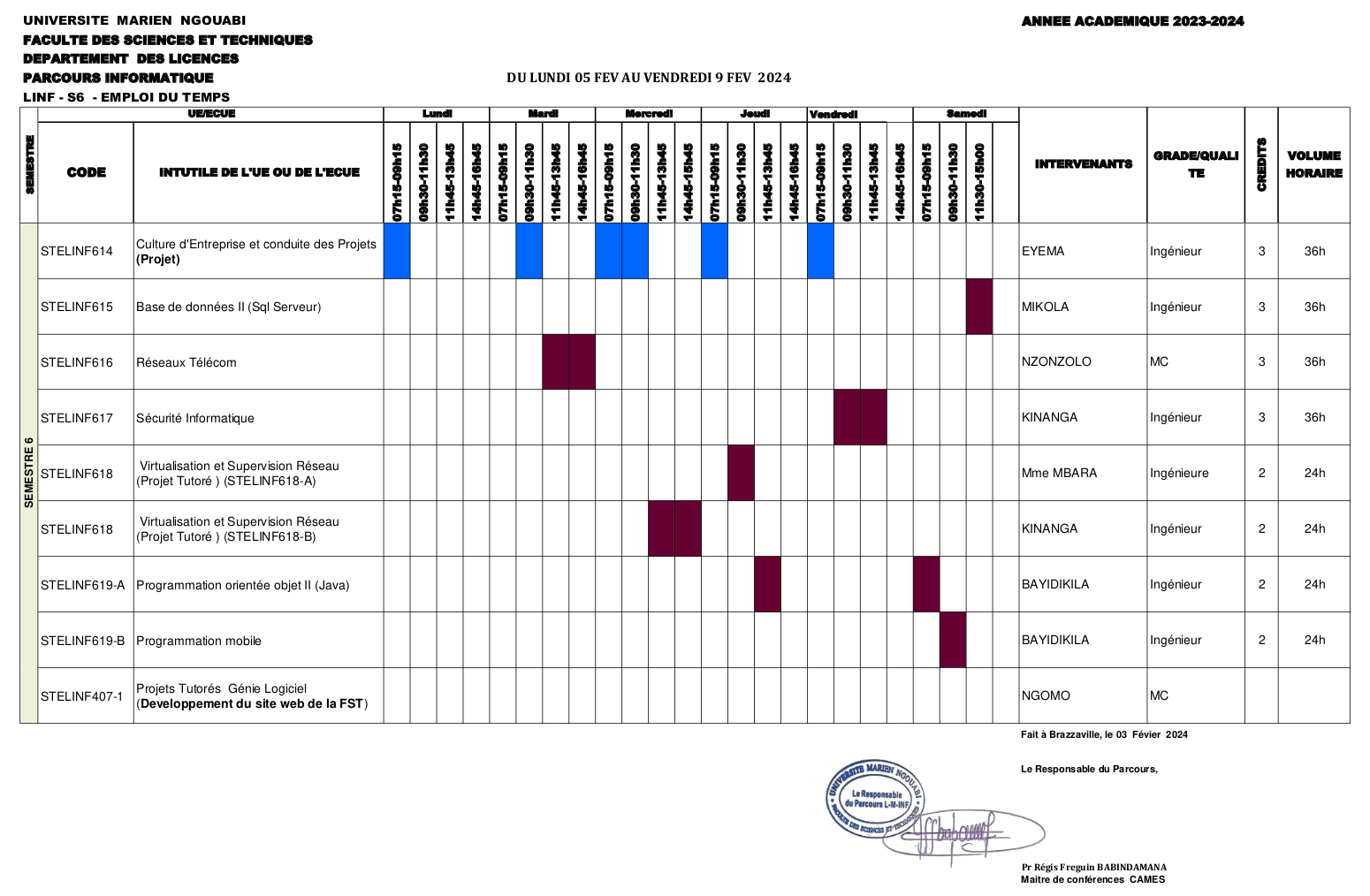 emploi du temps S6